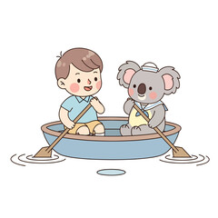 Fototapeta premium Sailor koala and boy enjoying a rowing adventure