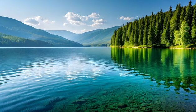 A serene mountain lake with crystal clear turquoise water reflecting a dense pine forest and blue sky. - Powered by Adobe