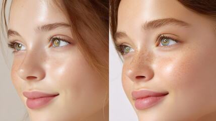 Close-up portrait of a young woman showcasing natural beauty features, including freckles and healthy glowing skin, against a soft background