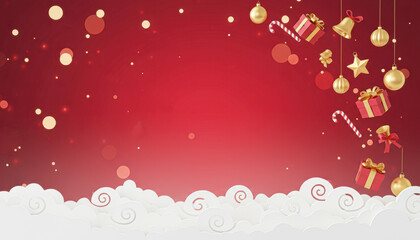 A festive red background with gold ornaments, gifts, and candy canes, accentuated by white clouds, creating a cheerful holiday atmosphere.
