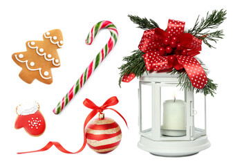 Christmas candy cane, gingerbread cookies and festive decor isolated on white, set