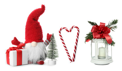 Christmas candy canes, gift box and festive decor isolated on white, set