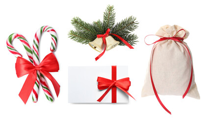 Christmas candy canes and festive decor isolated on white, set