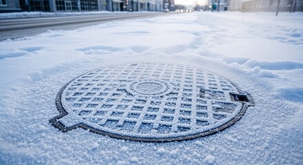 Manhole cover covered in snow on city street during winter  