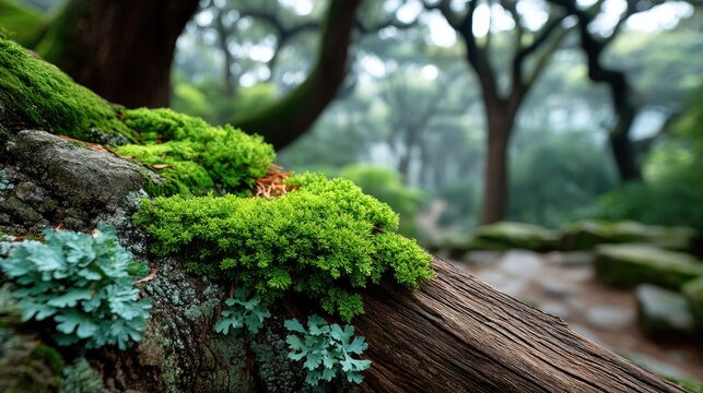 Detailed Close Up Of Old Tree Bark Covered In Vibrant Green Moss And Blueish Grey Lichen With A Blurred Forest Path In The Background On A Misty Day