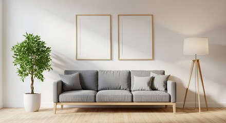 Mid-Century Modern Living Room with Gray Sofa and Wooden Picture Frame Mockups