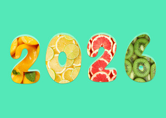 Numbers 2026 with fruits inside on turquoise background. New Year card