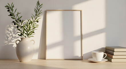 Minimalist Home Office Decor with Frame, Olive Branches, and Coffee