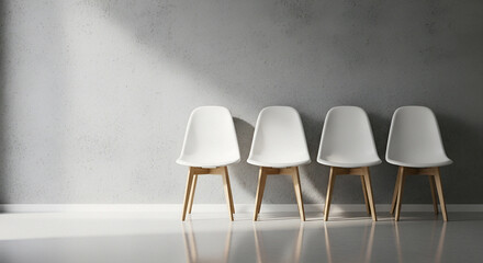Row of Four Minimalist White Chairs Against Gray Concrete Wall