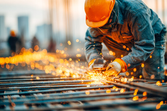 Skilled worker welding metal framework in industrial workshop