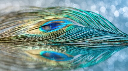 peacock. A close-up of a peacock feather against a mirrored surface with iridescent blue-green tones. wildlife magazines, conservation campaigns, designed for wildlife conservation campaigns.