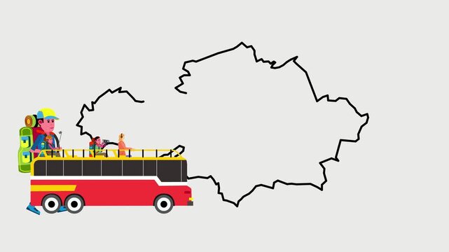 Animated scene featuring a tourist bus driving while the map of Kazakhstan gradually appears in the background. The concept represents travel, tourism, and adventure within Kazakhstan, symbolizing ex