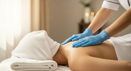 Woman receiving a massage at a spa, wearing blue gloves.