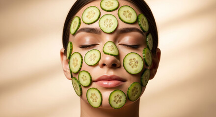 A woman's face is covered in slices of cucumber for a spa treatment.