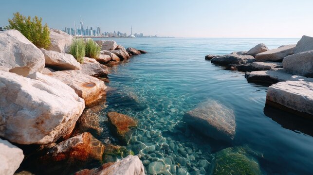 Distant City Skyline Across Clear Blue Water With Rocky Shoreline Under Bright Sunlight