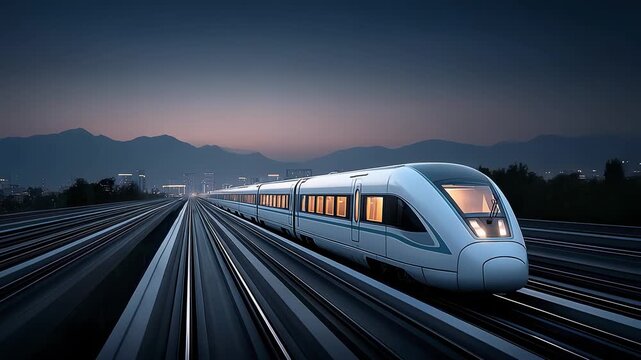 Spectacular view of high-speed train speeding under the night