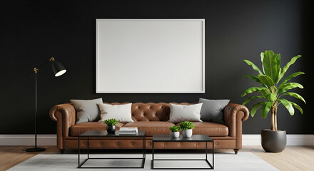 Elegant Living Room with Dark Wall and Vertical Blank Frame Mockup