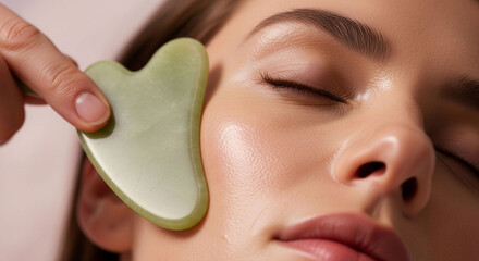 Close-up of a woman receiving a relaxing facial massage with a green gua sha tool on her cheek.