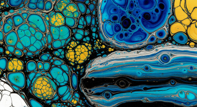 Abstract fluid art with blue turquoise and yellow acrylic paint creating organic cell-like structures perfect for backgrounds and textures - Powered by Adobe