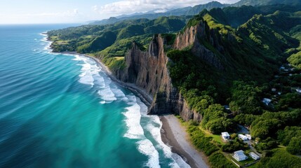 Dramatic Coastal Cliff Landscape With Lush Green Vegetation And Turquoise Ocean Waves Crashing On Sandy Beach Under A Clear Blue Sky