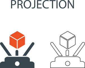 Projection Line art icons. It contains a 3D printer, modeling, filament, additive manufacturing, and more. Solid vector icons collection.