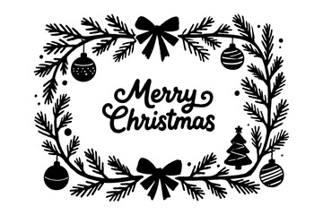Black silhouette Christmas frame with pine branches, baubles, bows, and a tree on white background. Concept of holiday greeting card