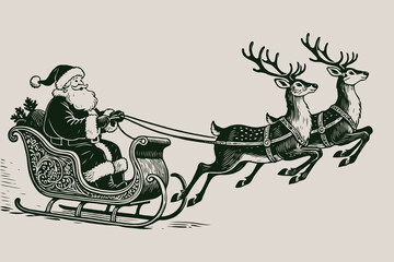 Santa Claus riding sleigh pulled by two reindeer, vintage engraving style, beige background. Concept of traditional Christmas celebration