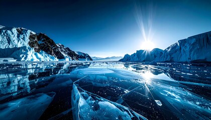 Sun shines over frozen lake Baikal with cracked ice and snowcovered mountains creating a stunning winter landscape in Russia, showcasing the beauty of nature.