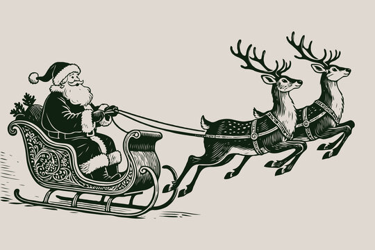 Santa Claus riding sleigh pulled by two reindeer, vintage engraving style, beige background. Concept of traditional Christmas celebration
