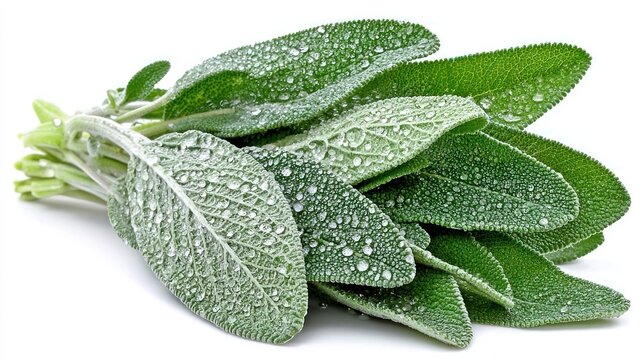Fresh sage leaves glisten with droplets of water, showcasing their vibrant green color and texture in soft light