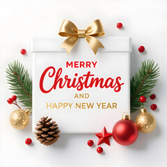 Elegant Merry Christmas and Happy New Year Celebration Still Life with Festive Ornaments and Decorative Gift Card on White Background