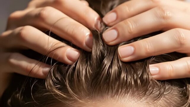 Female hands massaging scalp applying hair treatment for healthy growth and relaxation, close up footage.