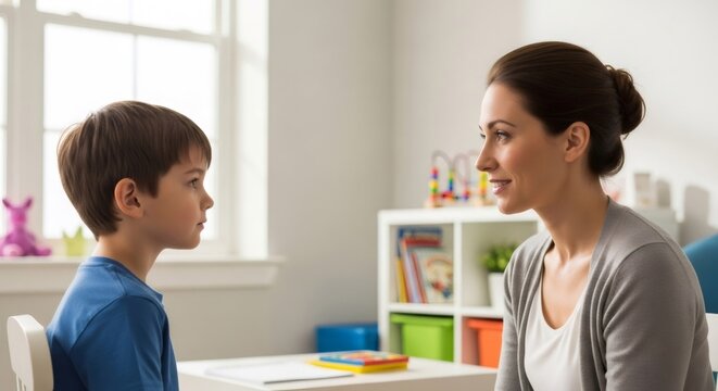 Little boy child looks at smiling professional woman, therapist, or teacher in a room. Child development, special education, speech therapy.