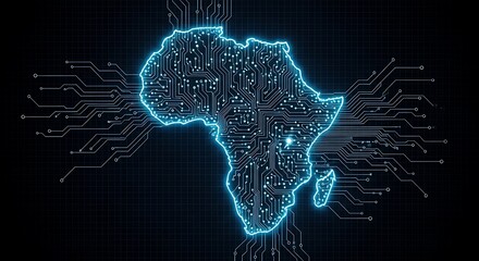 Digital africa continent map outline with circuit board and binary code on a dark background, representing technology, connectivity, and innovation