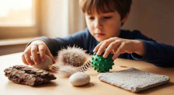 Boy playing with sensory materials. Child touches various textures for tactile stimulation. Education for autism spectrum disorder, sensory therapy.