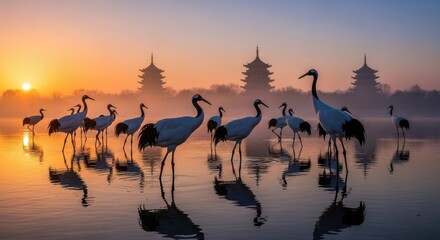 Obraz premium Japanese Red Crowned Cranes in Water at Sunrise Scenery