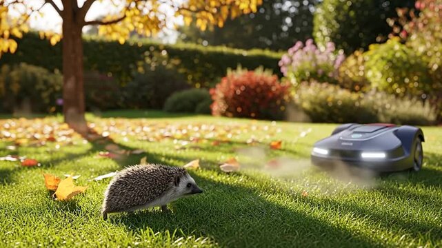 Hedgehog watches robot mower, autumn garden peace, nature and tech blend.