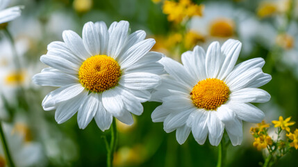Fototapeta premium Two vibrant white daisy flowers with bright yellow centers blooming in a sunlit green meadow filled with smaller yellow wildflowers and blurred background vegetation
