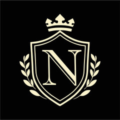 Royal Shield Emblem with Crown and Laurel Wreath in Elegant Minimal Vector Style for Luxury Branding, Heraldic Logo, and Classic Design Concepts