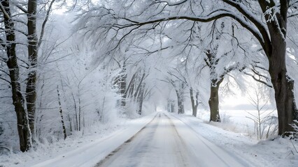 Naklejka premium A serene winter landscape captures a snowcovered road winding through a tunnel of frostladen trees, creating a peaceful and enchanting scene of natures beauty