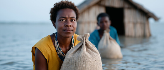 Villagers wading through floodwaters, carrying bags to safety, with a submerged home in the background, highlighting the impact of climate change on human life and natural disaster
