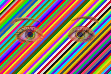 Surreal composition with two human eyes behind colorful diagonal stripes, vibrant abstract background symbolizing emotion, perception and loneliness in modern digital art style