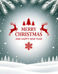 Festive Christmas Greeting Card Design with Reindeer and Trees in Snowy Landscape for Holiday Season Celebration