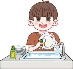 Cartoon Boy Washing Dishes in The Sink 