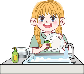 Cartoon Girl Washing Dishes in The Sink 