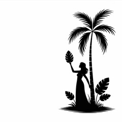 Black and white minimalist silhouette of a woman beside tall palm tree, holding tropical leaf, flowing dress, scattered large leaves, clean graphic contrast, tropical scene.