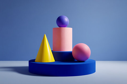 A Modernist Sculpture of Colorful Geometric Solids in a Minimal Blue Space