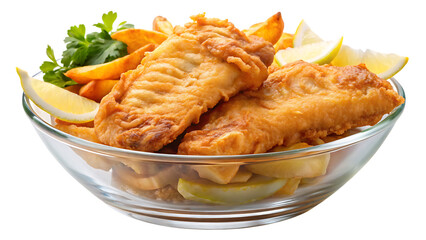 Crispy Beer-Battered Fish and Chips on a plate in a bowl over a white background and Transparent Background