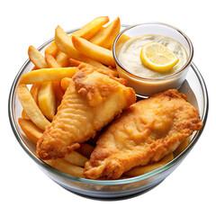 Crispy Beer-Battered Fish and Chips on a plate in a bowl over a white background and Transparent Background