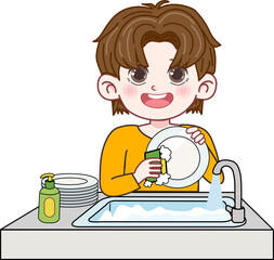 Cartoon Boy Washing Dishes in The Sink 